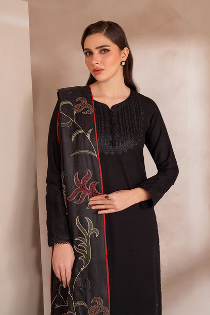 IZNIK-3PC DHANAK EMBROIDERED SHIRT WITH DHANAK EMBROIDERED SHAWL & TROUSER-BIC-3407