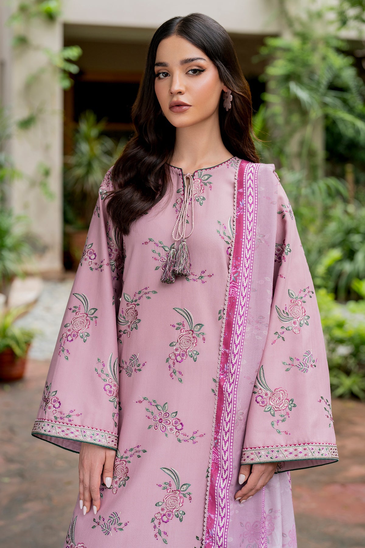 JAZMIN-3PC DHANAK EMBROIDRED SHIRT WITH WOOL PRINT SHAWL AND TROUSER-BIC-3302