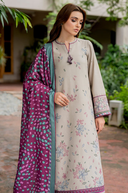 JAZMIN-3PC DHANAK EMBROIDRED SHIRT WITH WOOL PRINT SHAWL AND TROUSER-BIC-3281