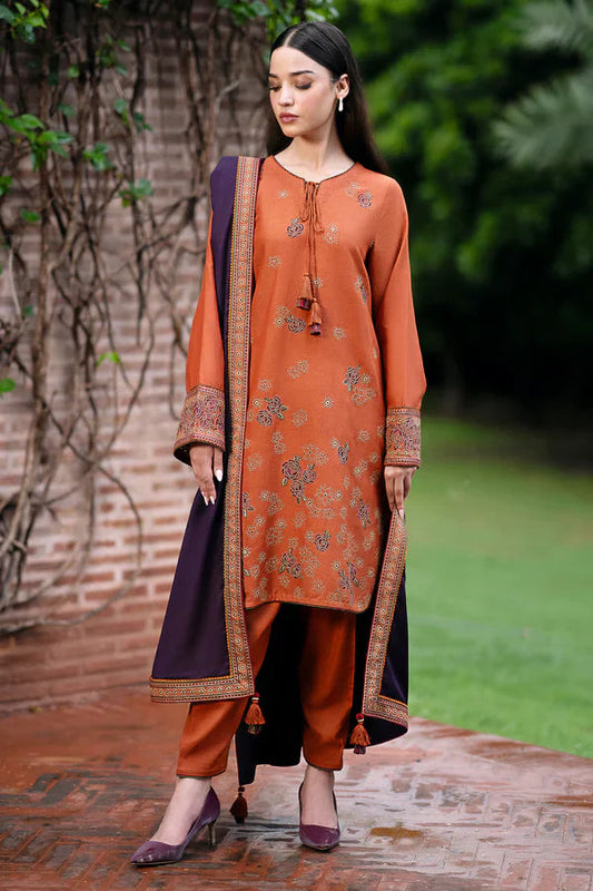 JAZMIN- 3PC DHANAK EMBROIDERED SHIRT WITH WOOL PRINT SHAWL AND TROUSER-BIC-3293