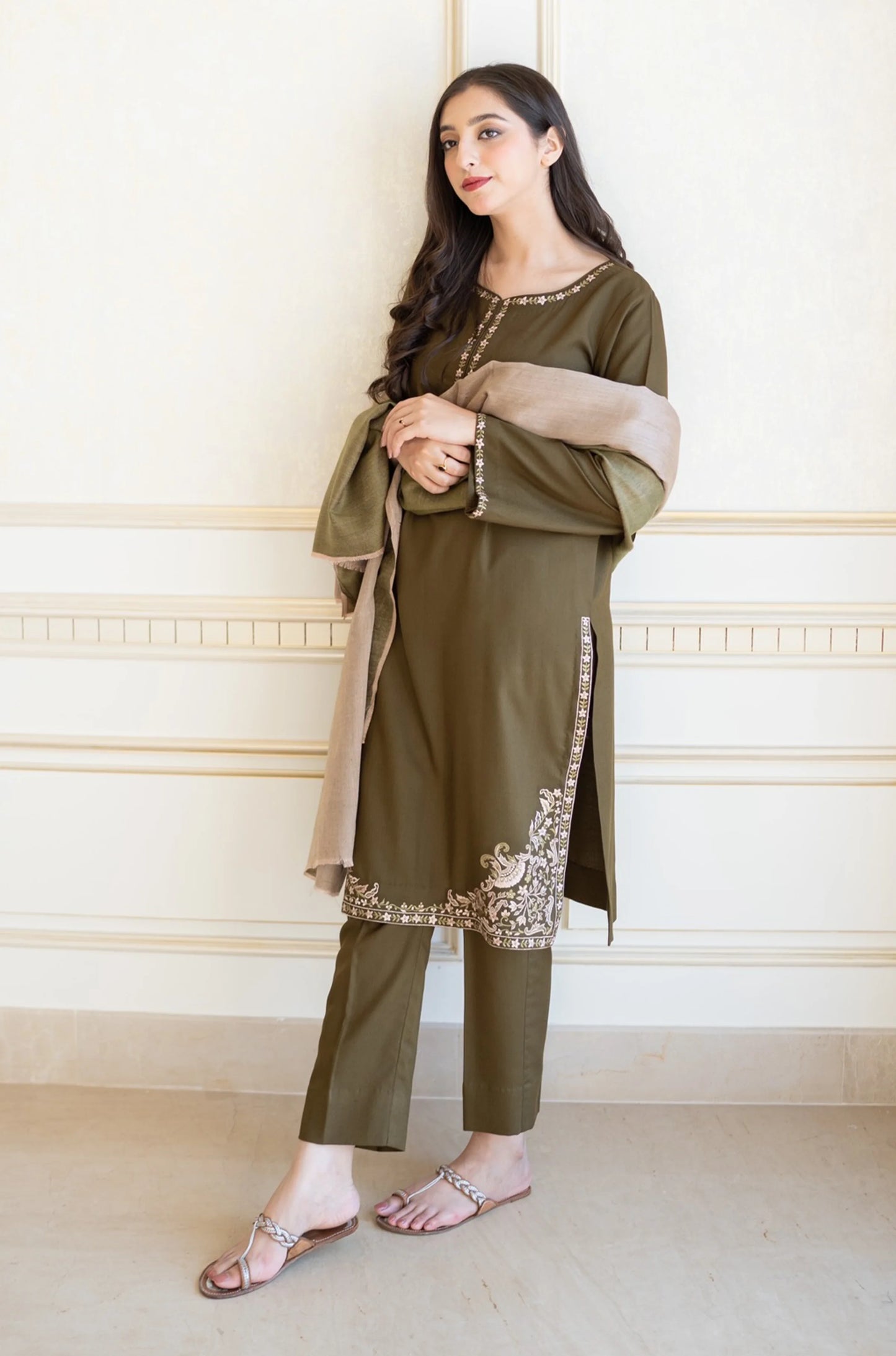 AISLING - 3PC DHANAK EMBROIDERED SHIRT WITH COUTURE SHAWAL AND TROUSER-BIC-3172