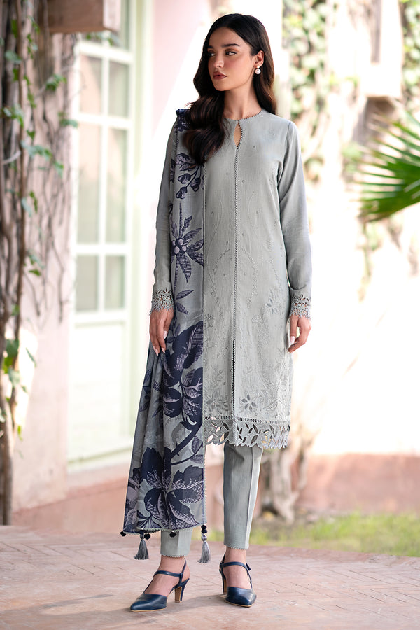 JAZMIN-3PC DHANAK EMBROIDRED SHIRT WITH WOOL PRINT SHAWL AND TROUSER-BIC-3320-A