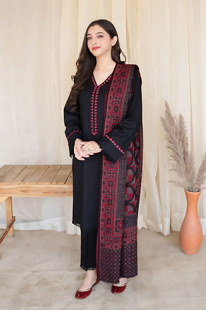 ASLING 3PC DHANAK EMBROIDERED WITH WOOL PRINT SHAWL -BIC-3133