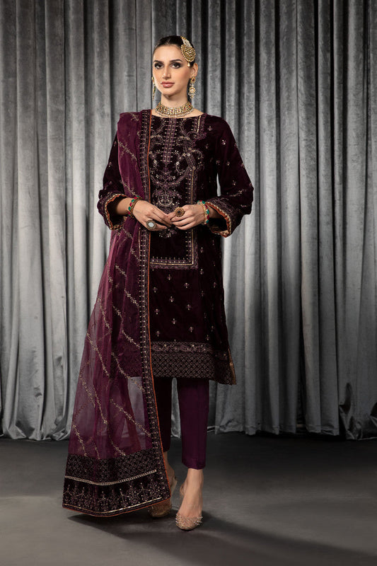 MARIA B -VELVET 3PC- EMBROIDERED WORK SHIRT WITH ORGANZA HEAVY  EMBROIDERED DUPATTA -BIC-D-14- MICRO 9000 VELVET