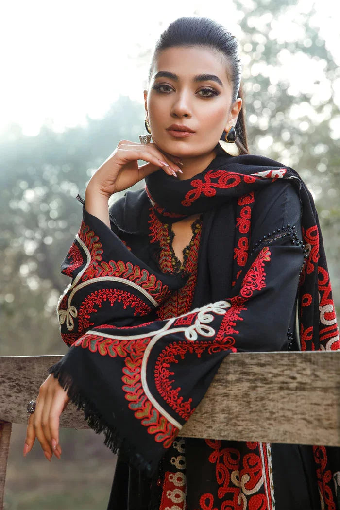 MARIA B -3PC KHADAR  HEAVY EMBROIDERED WITH COUTURE PRINT SHAWL -BIC-BLACK