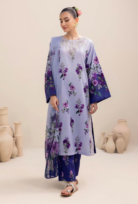 ADAN LIBAAS-3PC KARANDI PRINTED EMBROIDERED SHIRT WITH KARANDI PRINTED SHAWL AND KARANDI PRINTED TROUSER-BIC-3348