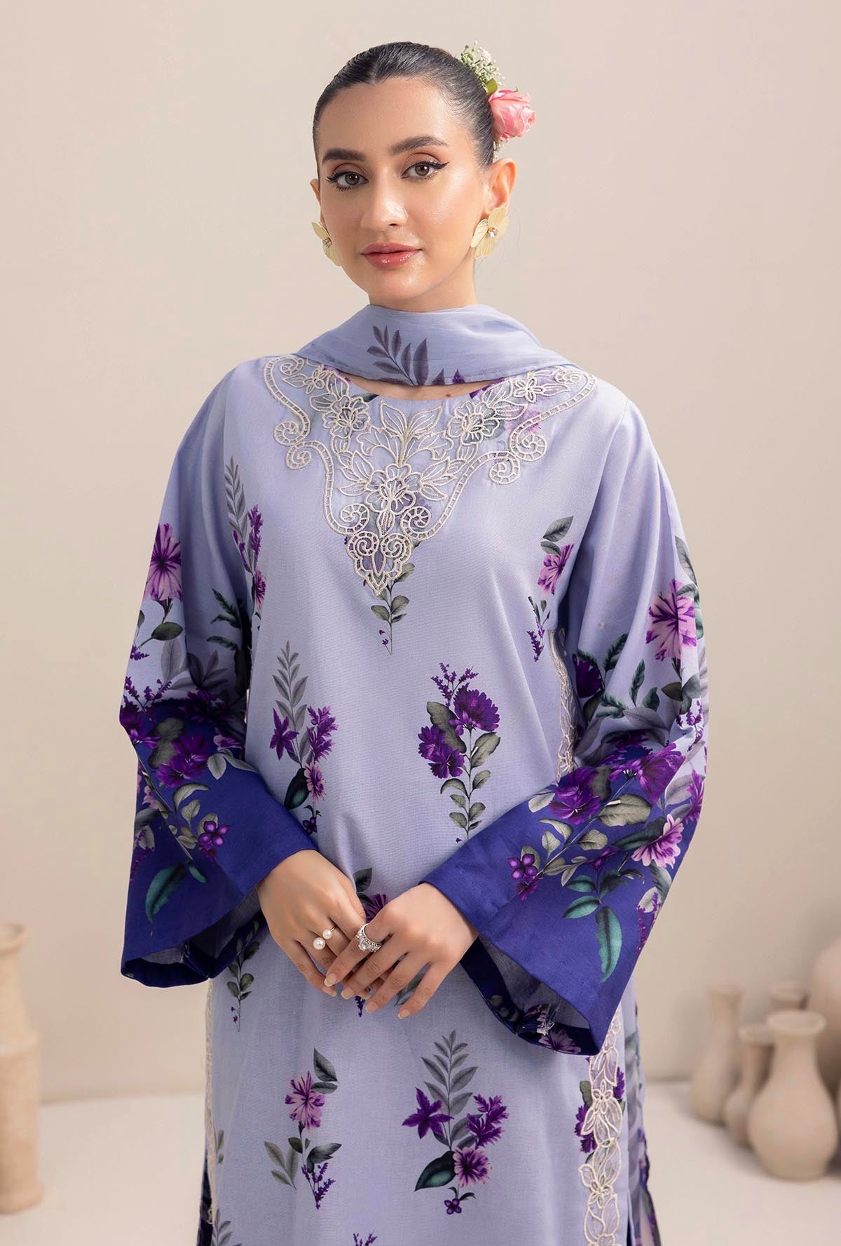 ADAN LIBAAS-3PC KARANDI PRINTED EMBROIDERED SHIRT WITH KARANDI PRINTED SHAWL AND KARANDI PRINTED TROUSER-BIC-3348