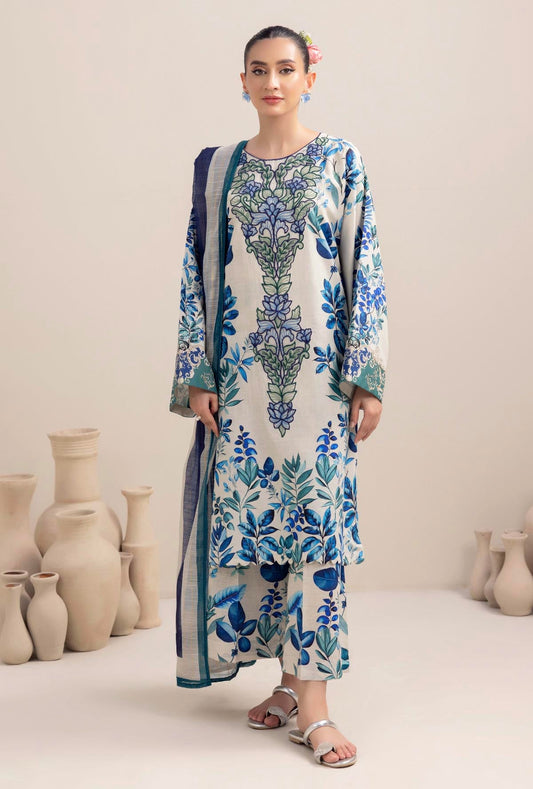 ADAN LIBAAS-3PC KARANDI PRINTED EMBROIDERED SHIRT WITH KARANDI PRINTED SHAWL AND KARANDI PRINTED TROUSER-BIC-3349