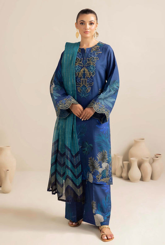 ADAN LIBAAS-3PC KARANDI PRINTED EMBROIDERED SHIRT WITH KARANDI PRINTED SHAWL AND KARANDI PRINTED TROUSER-BIC-3362