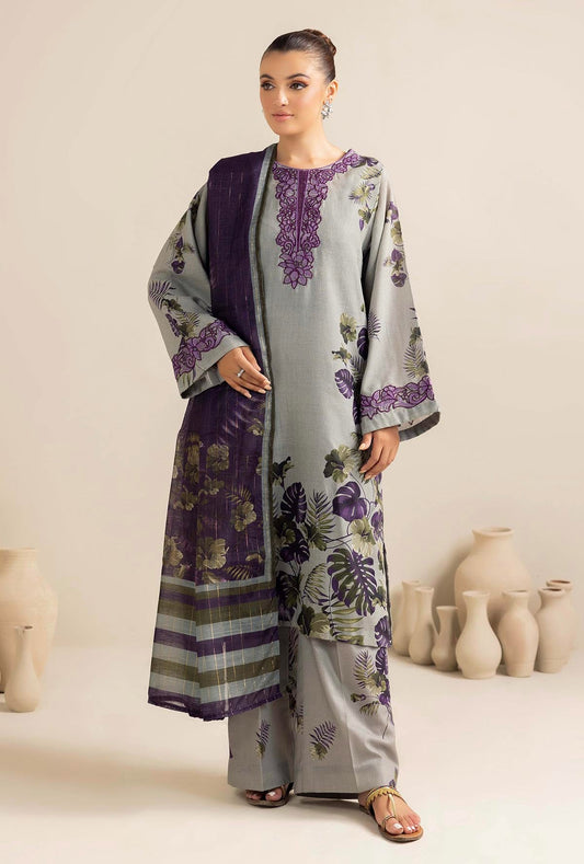 ADAN LIBAAS-3PC KARANDI PRINTED EMBROIDERED SHIRT WITH KARANDI PRINTED SHAWL AND KARANDI PRINTED TROUSER-BIC-3347