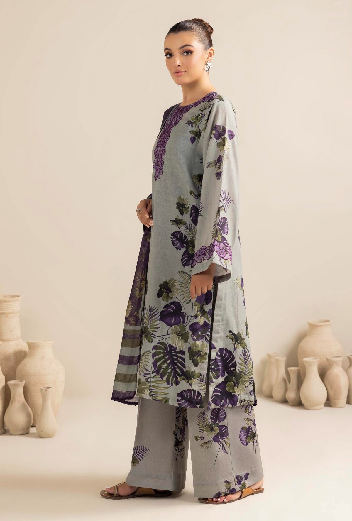 ADAN LIBAAS-3PC KARANDI PRINTED EMBROIDERED SHIRT WITH KARANDI PRINTED SHAWL AND KARANDI PRINTED TROUSER-BIC-3347