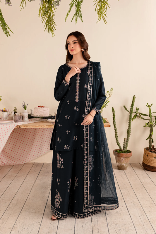 BATIK- 3PC DHANAK EMBROIDERED SHIRT DHANAK EMBROIDERED DUPATTA AND TROUSER-BIC-3289- BLACK