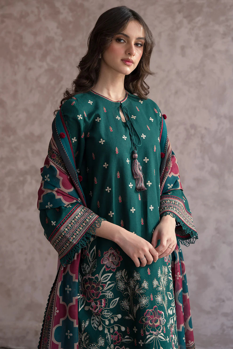 JAZMIN 3PC DHANAK EMBROIDERED WITH  COUTURE WOOL PRINT SHAWL-BIC-2611