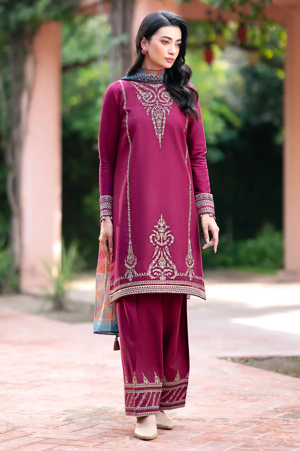 JAZMIN - 3PC DHANAK EMBROIDERED SHIRT WITH WOOL PRINTED SHAWL & TROUSER -BIC-3396