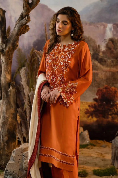 NATASHA KAMAL - 3PC DHANAK EMBROIDERED SHIRT WITH WOOL PRINT SHAWL AND TROUSER-BIC-1237