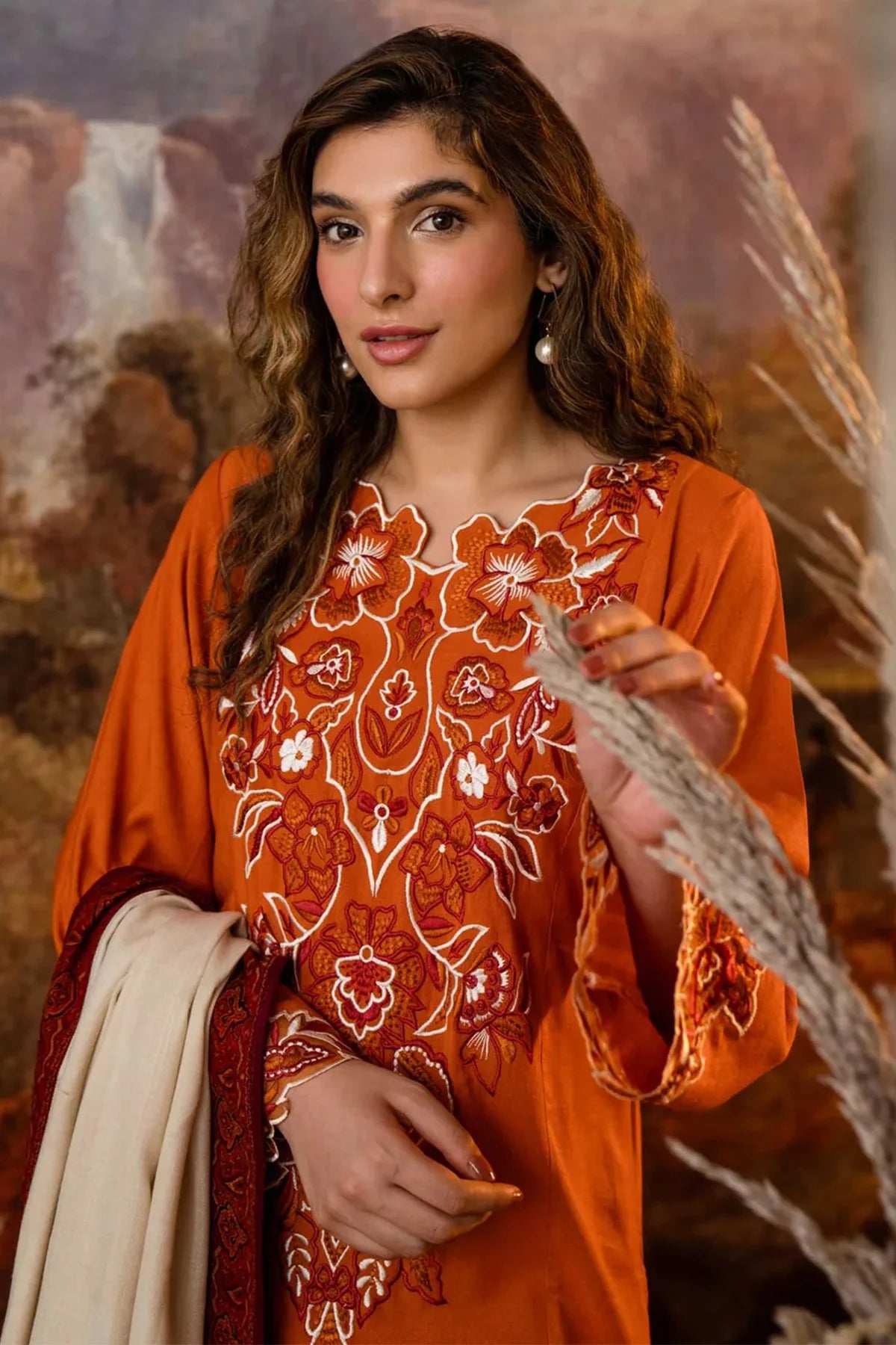 NATASHA KAMAL - 3PC DHANAK EMBROIDERED SHIRT WITH WOOL PRINT SHAWL AND TROUSER-BIC-1237