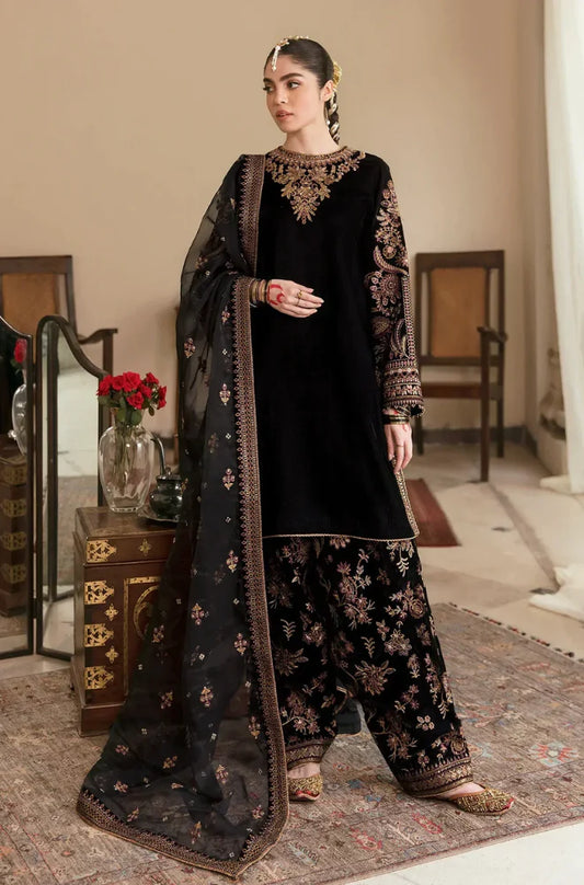 ASIM JOFA-VELVET 3PC- EMBROIDERED WORK SHIRT WITH ORGANZA HEAVY EMBROIDERED DUPATTA -BIC-D-12- MICRO 9000 VELVET