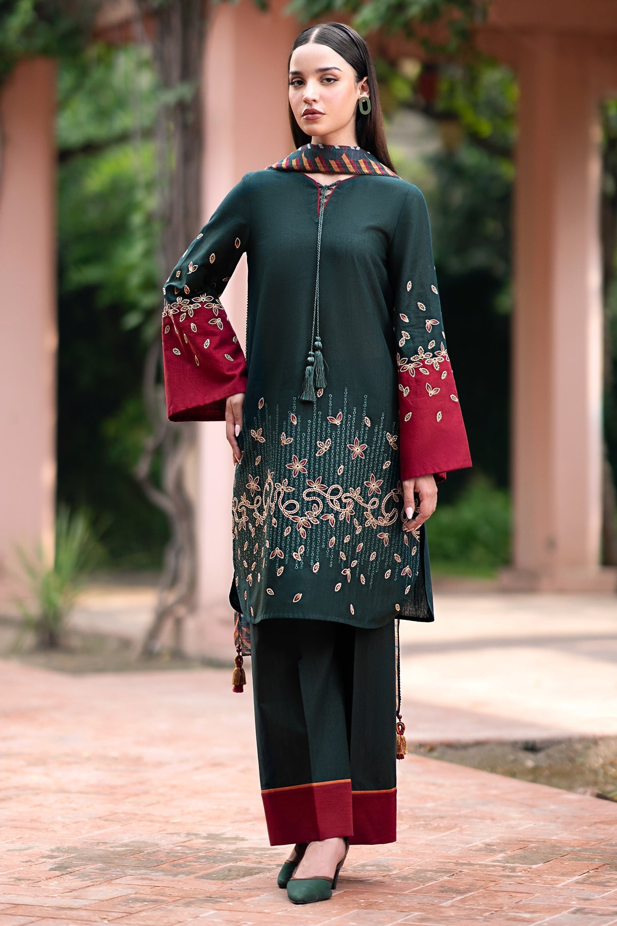 JAZMIN-3PC DHANAK EMBROIDRED SHIRT WITH WOOL PRINT SHAWL AND TROUSER-BIC-3288