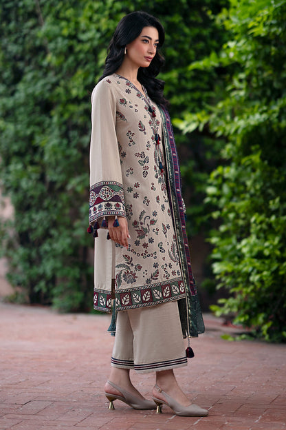 JAZMIN-3PC DHANAK EMBROIDRED SHIRT WITH WOOL PRINT SHAWL AND TROUSER-BIC-3315