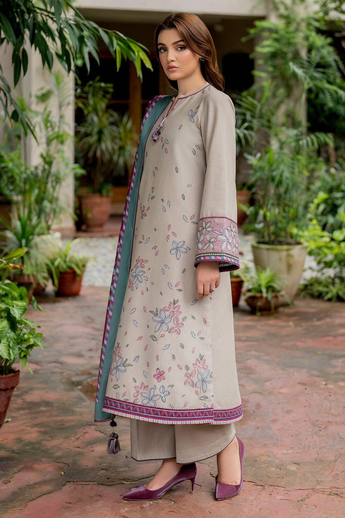 JAZMIN-3PC DHANAK EMBROIDRED SHIRT WITH WOOL PRINT SHAWL AND TROUSER-BIC-3281