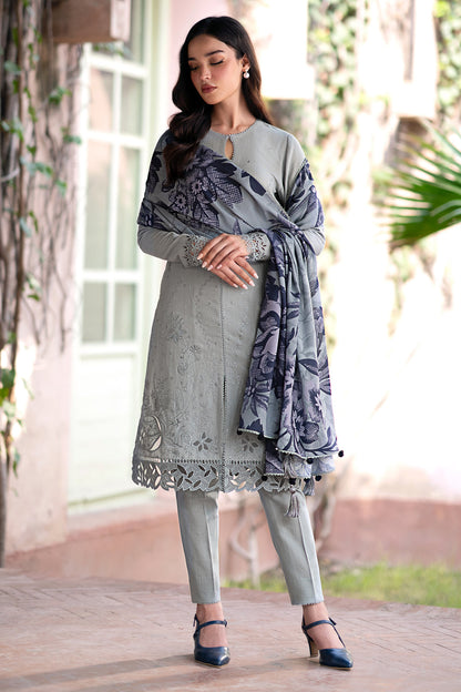 JAZMIN-3PC DHANAK EMBROIDRED SHIRT WITH WOOL PRINT SHAWL AND TROUSER-BIC-3320-A