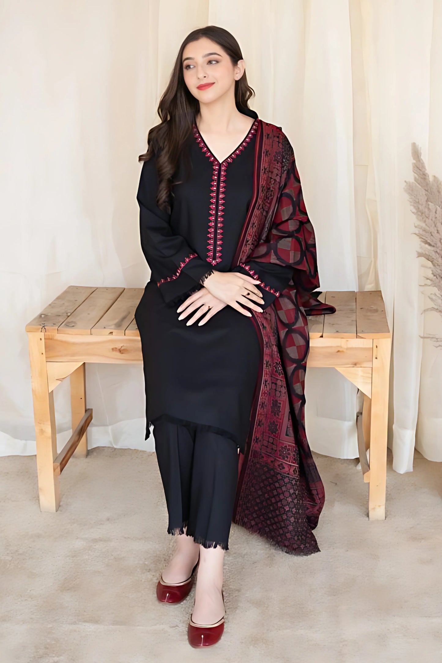 ASLING 3PC DHANAK EMBROIDERED WITH WOOL PRINT SHAWL -BIC-3133