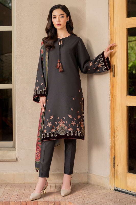 JAZMIN-3PC DHANAK EMBROIDRED SHIRT WITH WOOL PRINT SHAWL AND TROUSER-BIC-3275