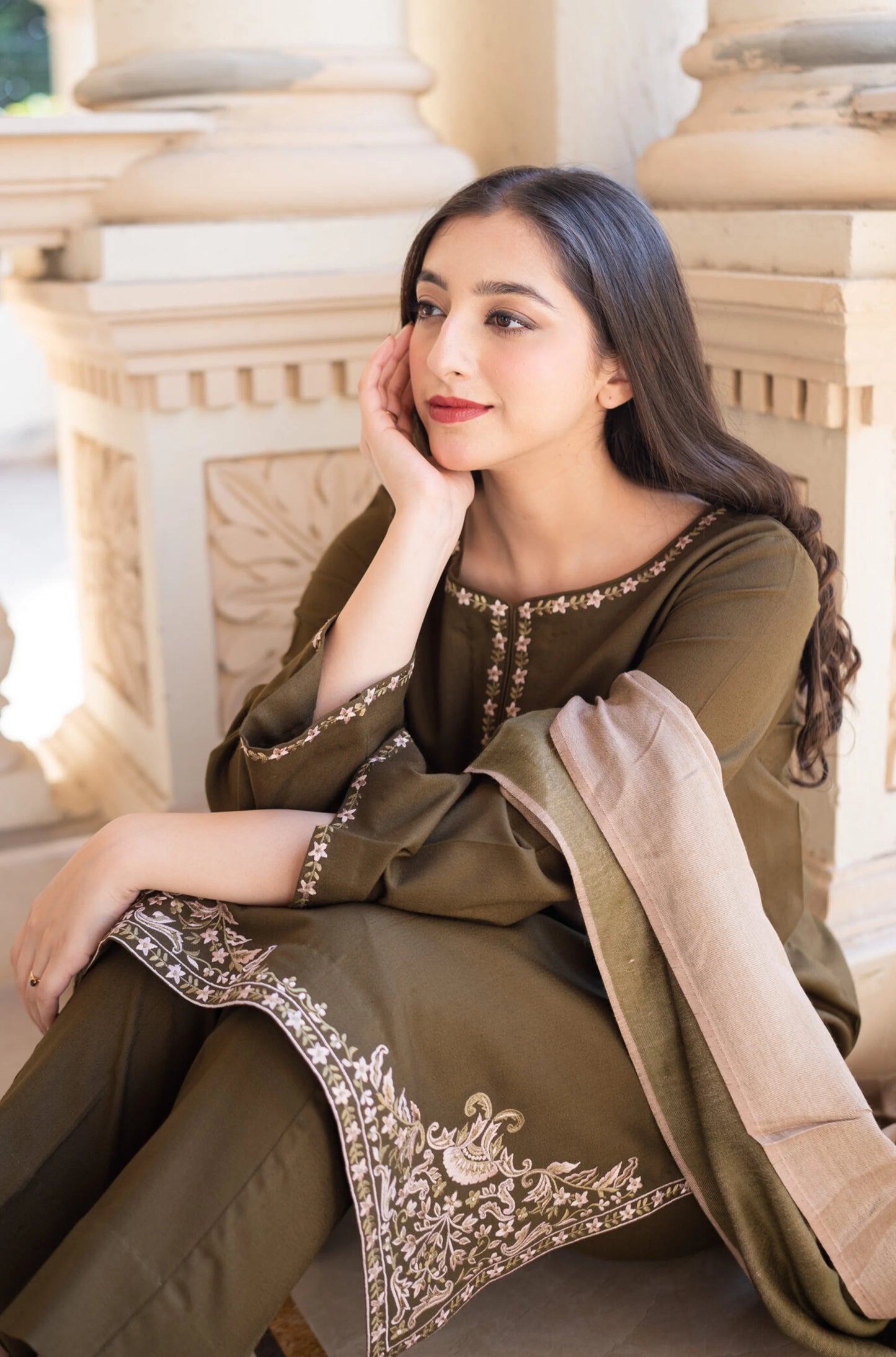 AISLING - 3PC DHANAK EMBROIDERED SHIRT WITH COUTURE SHAWAL AND TROUSER-BIC-3172