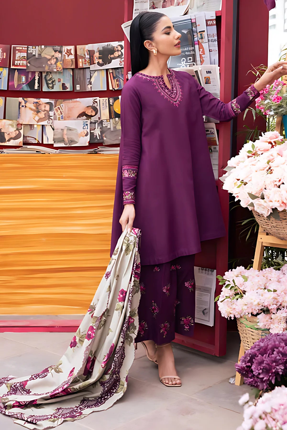 SAPPHIRE - 3PC DHANAK EMBROIDERED SHIRT WITH DHA COUTURE WOOL PRINT SHAWL AND TROUSER-BIC-3170