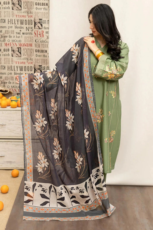 URGE- 3PC DHANAK EMBROIDERED SHIRT WITH COUTURE  PRINT SHAWL AND EMB TROUSER-BIC-3222