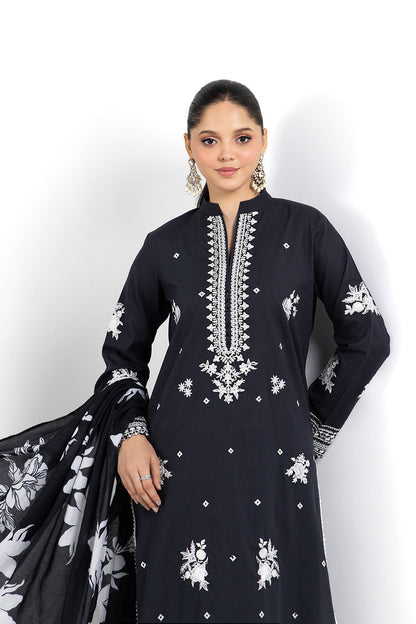 SO KAMAL-3PC DHANAK EMBROIDERED SHIRT WITH WOOL PRINT SHAWL AND TROUSER-BIC- 3207