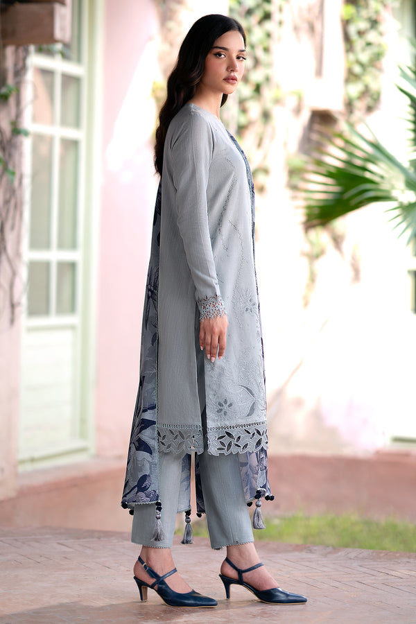 JAZMIN-3PC DHANAK EMBROIDRED SHIRT WITH WOOL PRINT SHAWL AND TROUSER-BIC-3320-A