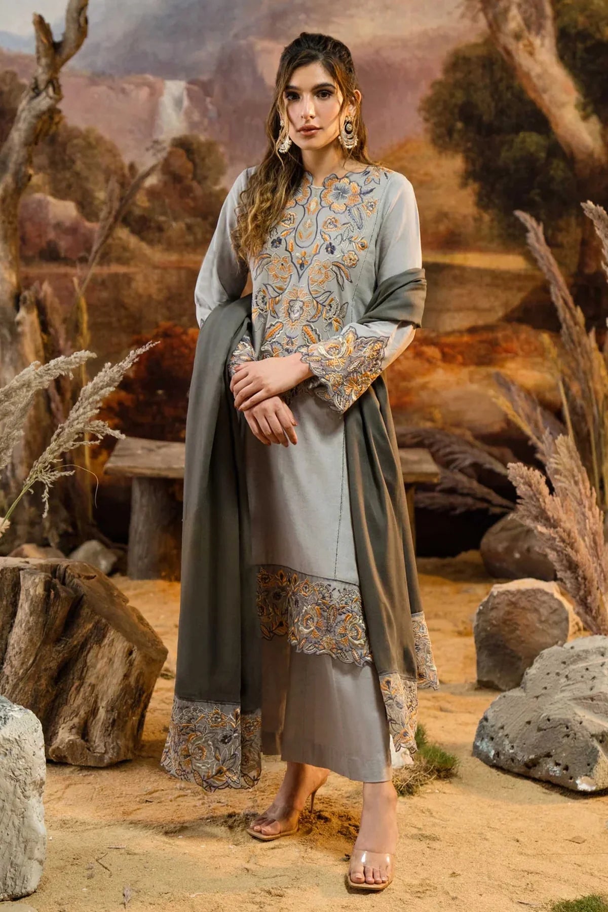 NATASHA KAMAL - 3PC DHANAK EMBROIDERED SHIRT WITH WOOL PRINT SHAWL AND TROUSER-BIC-1219