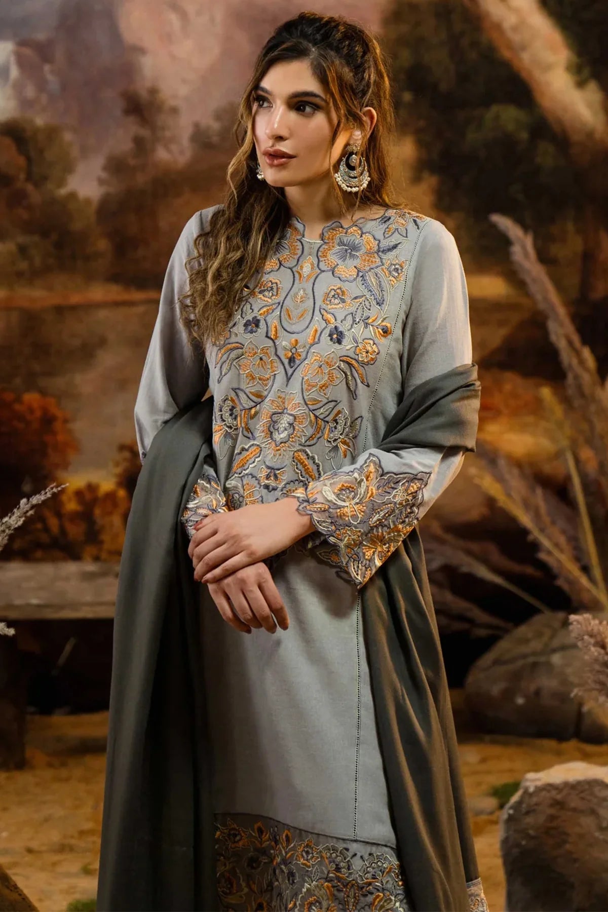 NATASHA KAMAL - 3PC DHANAK EMBROIDERED SHIRT WITH WOOL PRINT SHAWL AND TROUSER-BIC-1219