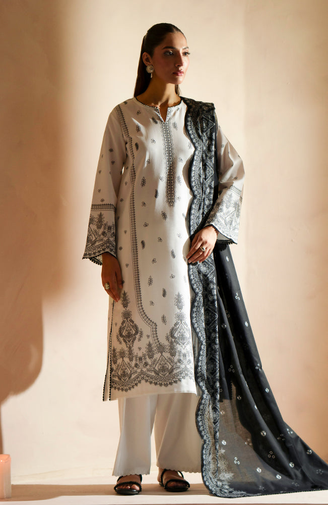 SERAN - 3PC DHANAK EMBROIDERED SHIRT WITH DHA COUTURE WOOL PRINT SHAWL AND TROUSER-BIC-3163