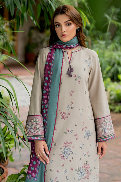 JAZMIN-3PC DHANAK EMBROIDRED SHIRT WITH WOOL PRINT SHAWL AND TROUSER-BIC-3281