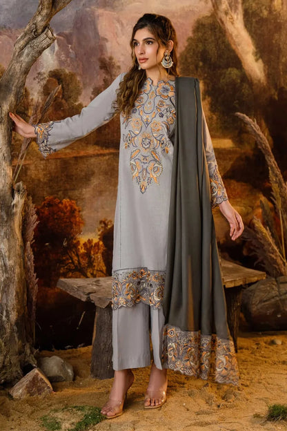 NATASHA KAMAL - 3PC DHANAK EMBROIDERED SHIRT WITH WOOL PRINT SHAWL AND TROUSER-BIC-1219