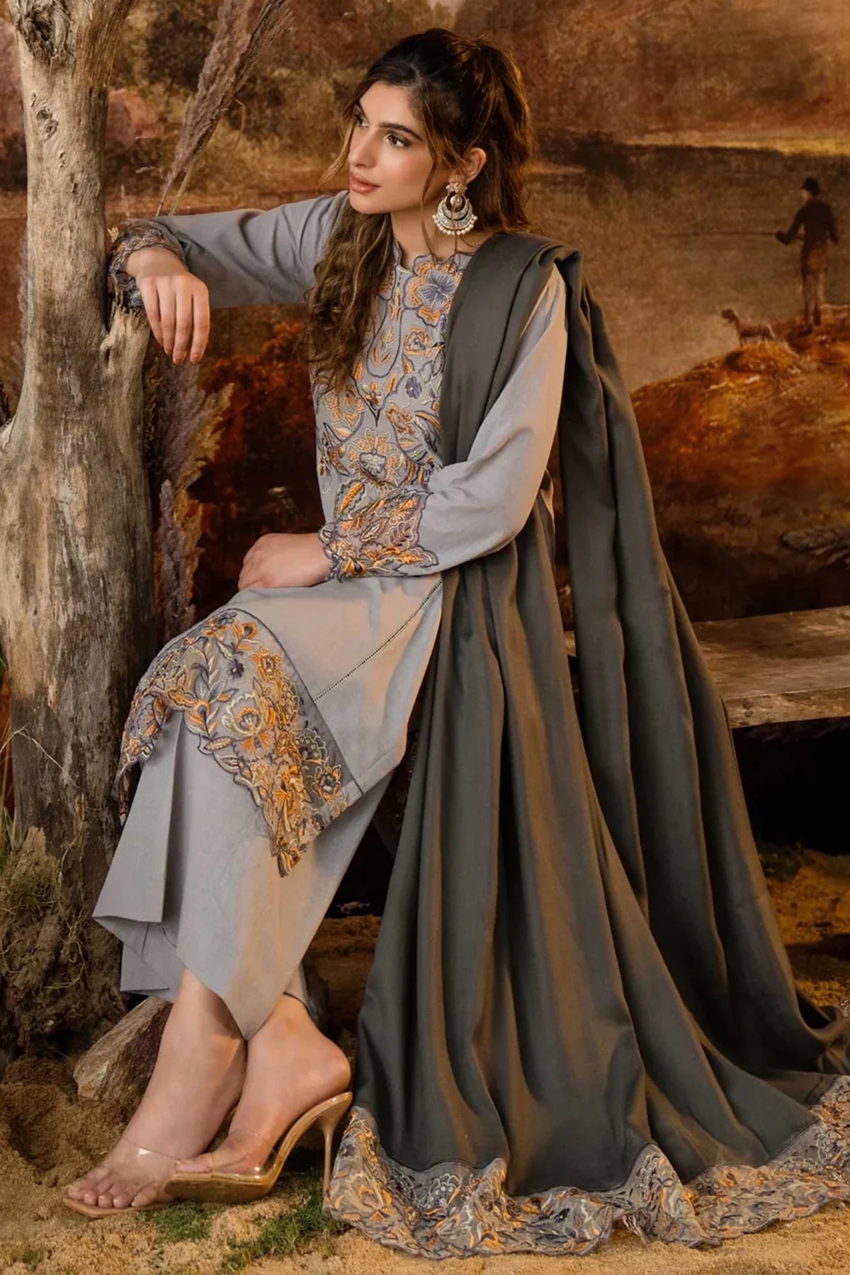 NATASHA KAMAL - 3PC DHANAK EMBROIDERED SHIRT WITH WOOL PRINT SHAWL AND TROUSER-BIC-1219