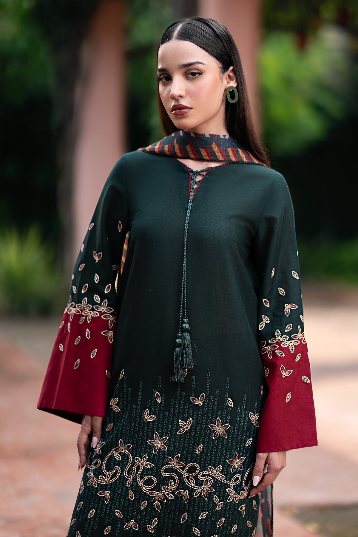 JAZMIN-3PC DHANAK EMBROIDRED SHIRT WITH WOOL PRINT SHAWL AND TROUSER-BIC-3288