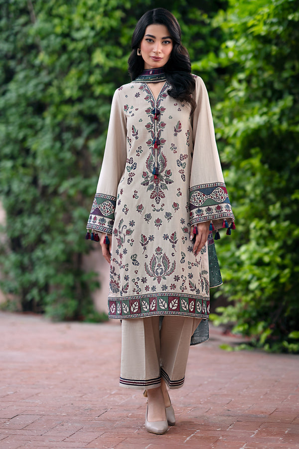 JAZMIN-3PC DHANAK EMBROIDRED SHIRT WITH WOOL PRINT SHAWL AND TROUSER-BIC-3315