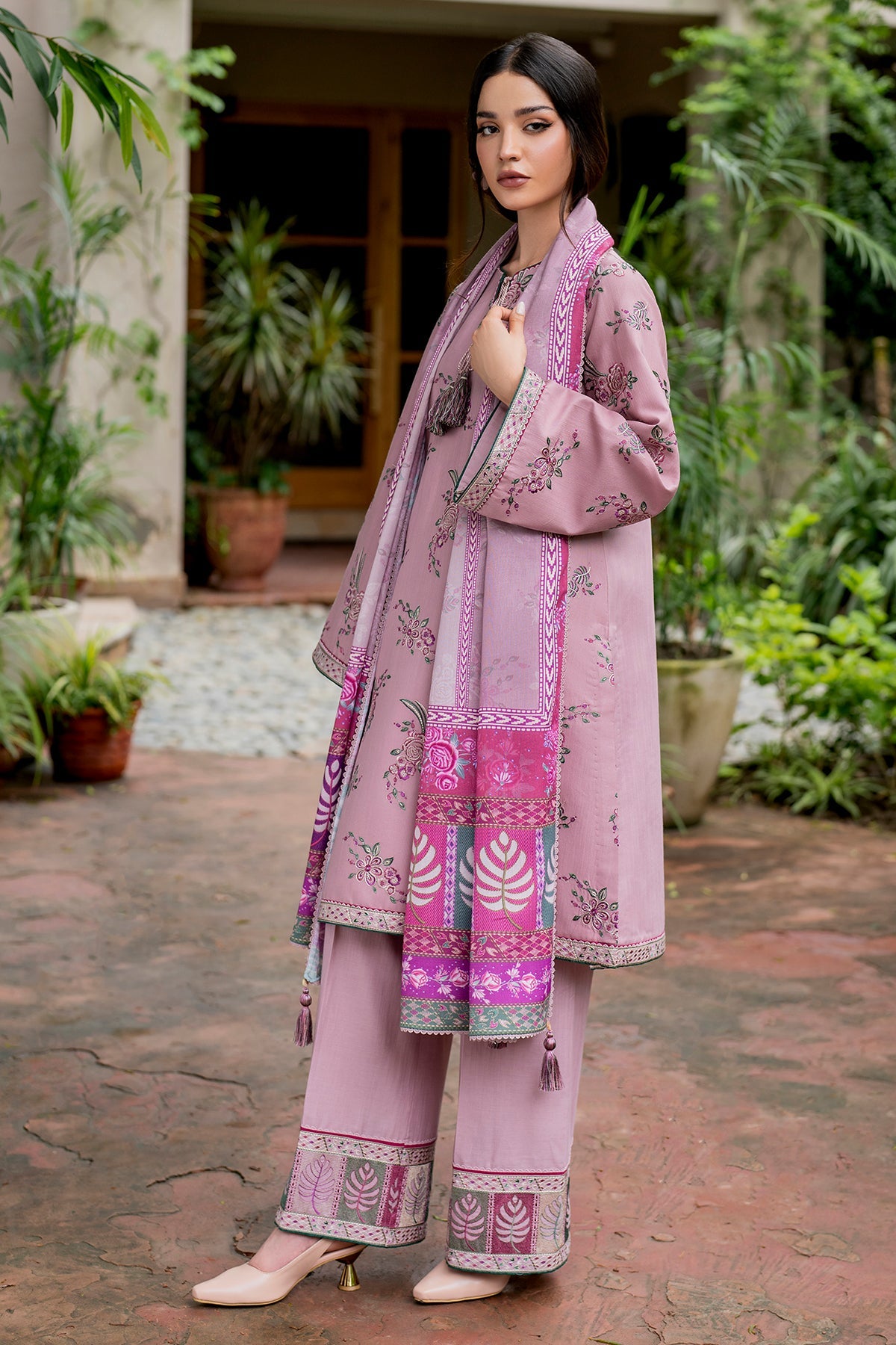 JAZMIN-3PC DHANAK EMBROIDRED SHIRT WITH WOOL PRINT SHAWL AND TROUSER-BIC-3302