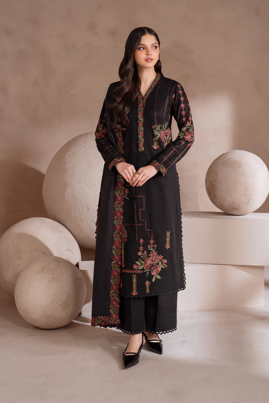 IZNIK-3PC DHANAK EMBROIDERED SHIRT WITH DHANAK EMBROIDERED SHAWL & TROUSER-BIC-3408