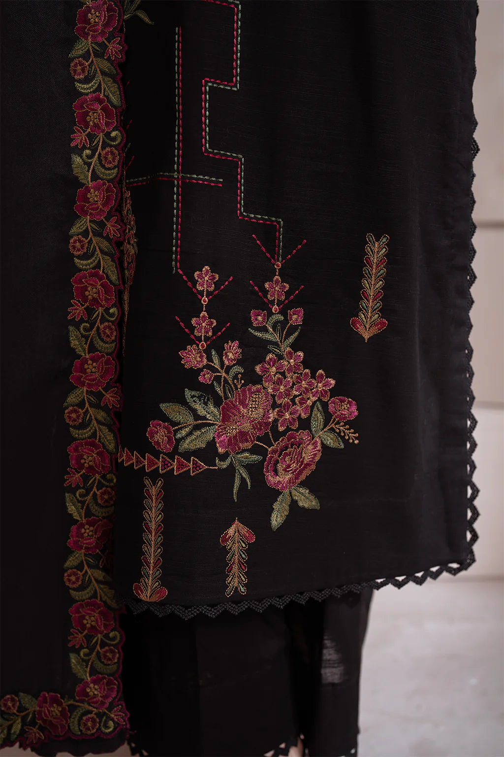 IZNIK-3PC DHANAK EMBROIDERED SHIRT WITH DHANAK EMBROIDERED SHAWL & TROUSER-BIC-3408