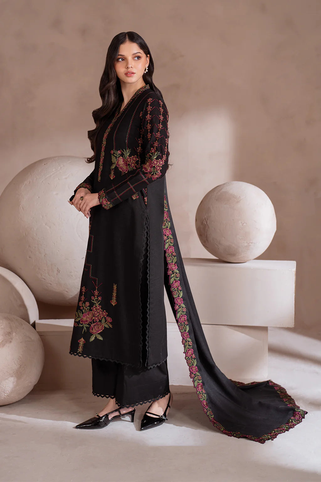 IZNIK-3PC DHANAK EMBROIDERED SHIRT WITH DHANAK EMBROIDERED SHAWL & TROUSER-BIC-3408