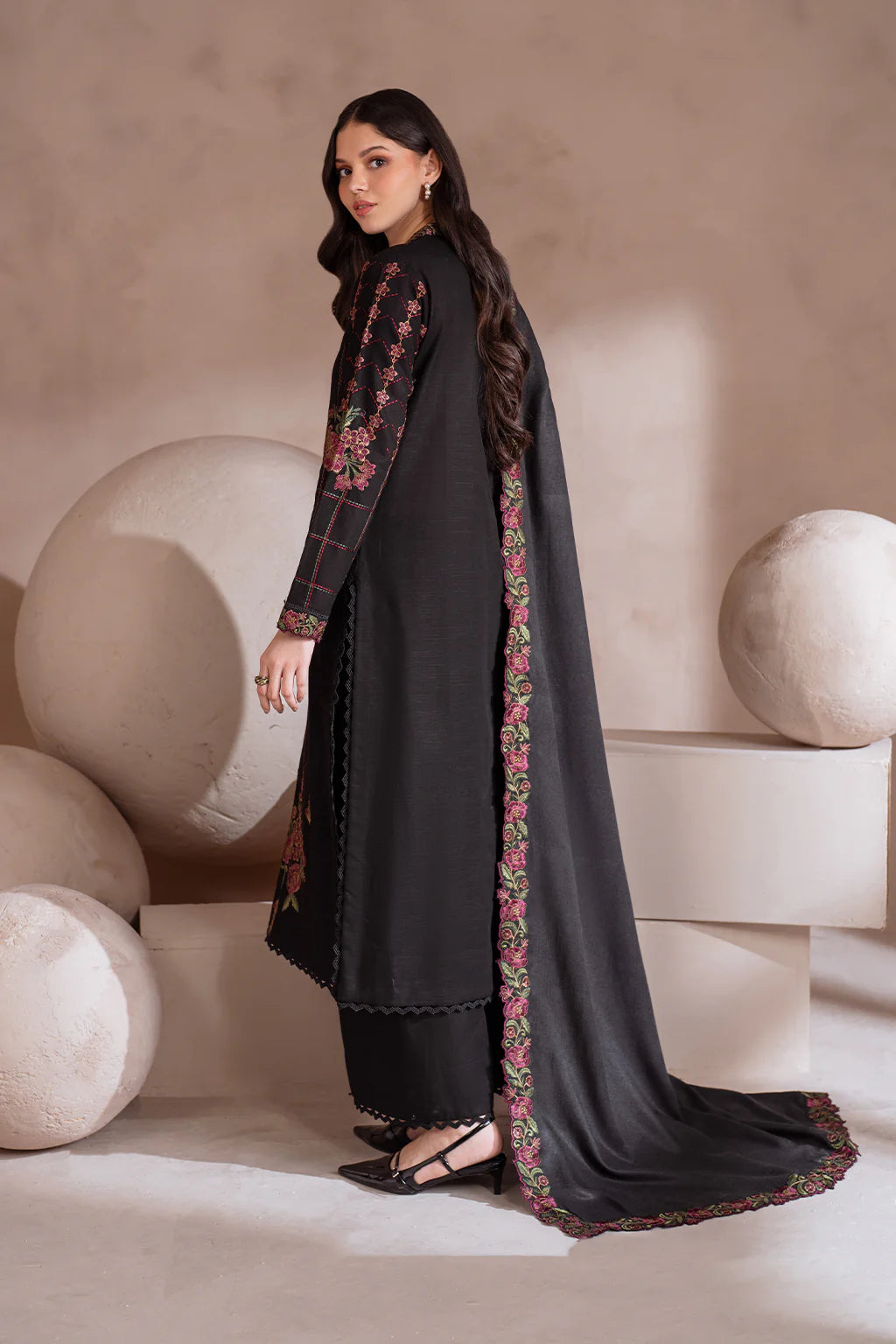 IZNIK-3PC DHANAK EMBROIDERED SHIRT WITH DHANAK EMBROIDERED SHAWL & TROUSER-BIC-3408