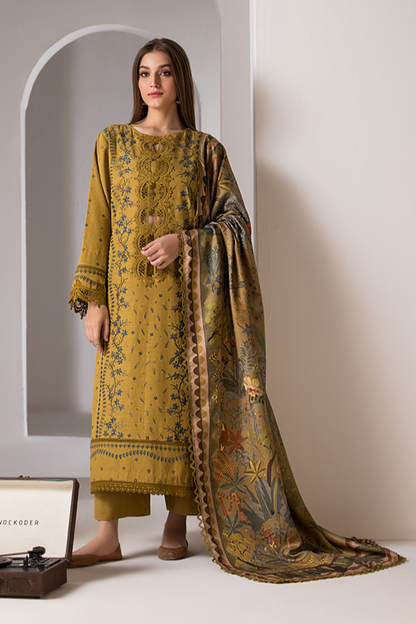 SOBIA NAZIR- 3PC DHANAK EMBROIDERED SHIRT WITH WOOL PRINT SHAWL AND TROUSER-BIC-3357