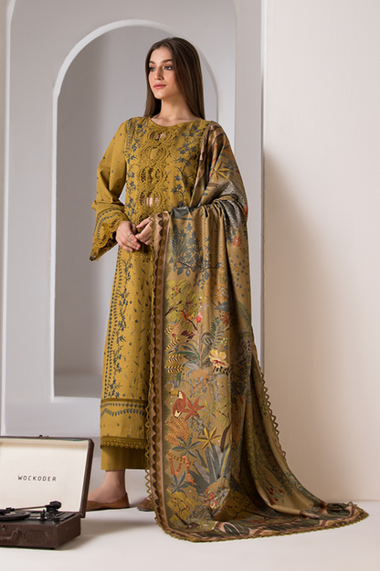 SOBIA NAZIR- 3PC DHANAK EMBROIDERED SHIRT WITH WOOL PRINT SHAWL AND TROUSER-BIC-3357