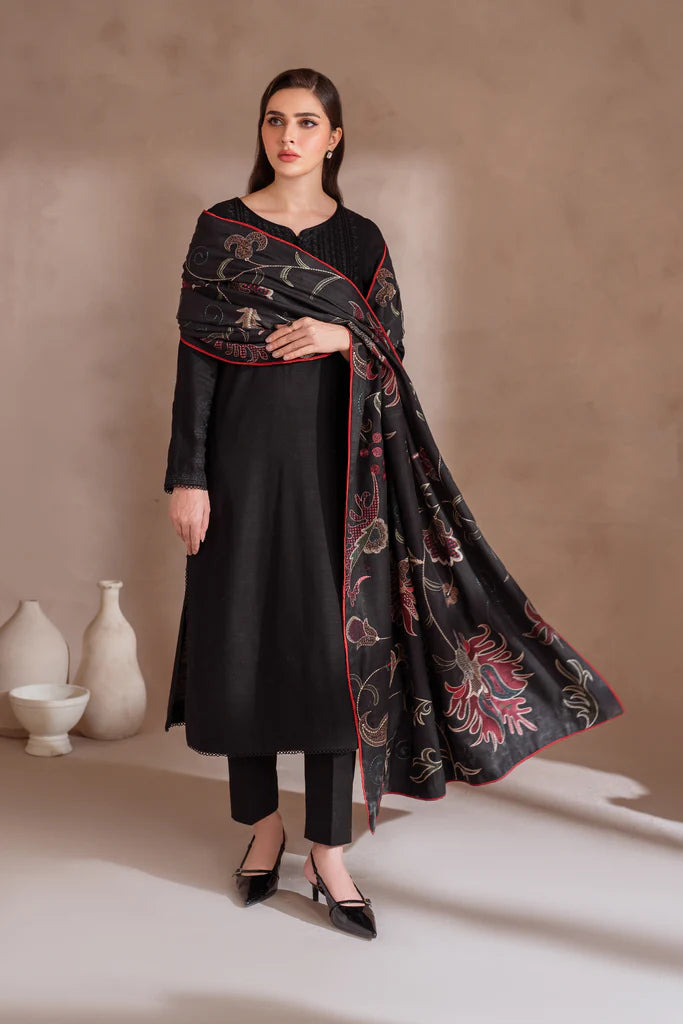 IZNIK-3PC DHANAK EMBROIDERED SHIRT WITH DHANAK EMBROIDERED SHAWL & TROUSER-BIC-3407