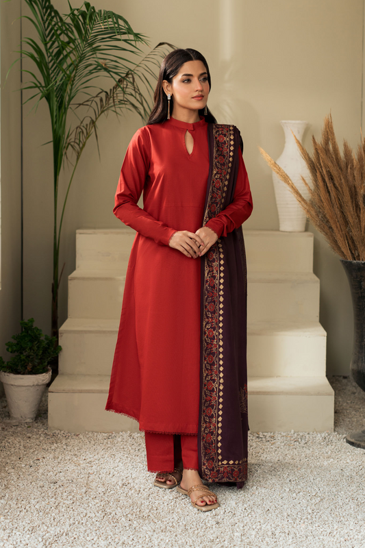 KASTOOR-3PC DHANAK SHIRT WITH WOOL PRINTED SHAWL AND TROUSER-BIC-3422