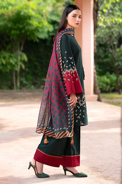 JAZMIN-3PC DHANAK EMBROIDRED SHIRT WITH WOOL PRINT SHAWL AND TROUSER-BIC-3288